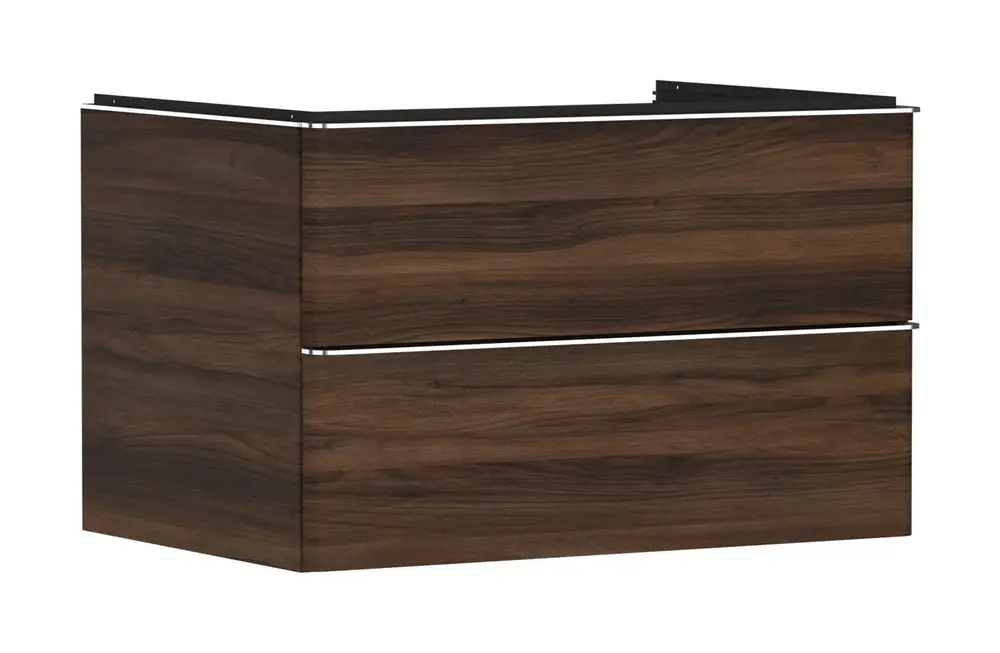 Waschtischunterschrank in Dunkel-Nussbaum mit zwei Schubkästen, geeignet für Hängewaschbecken. Hersteller ist Hansgrohe.